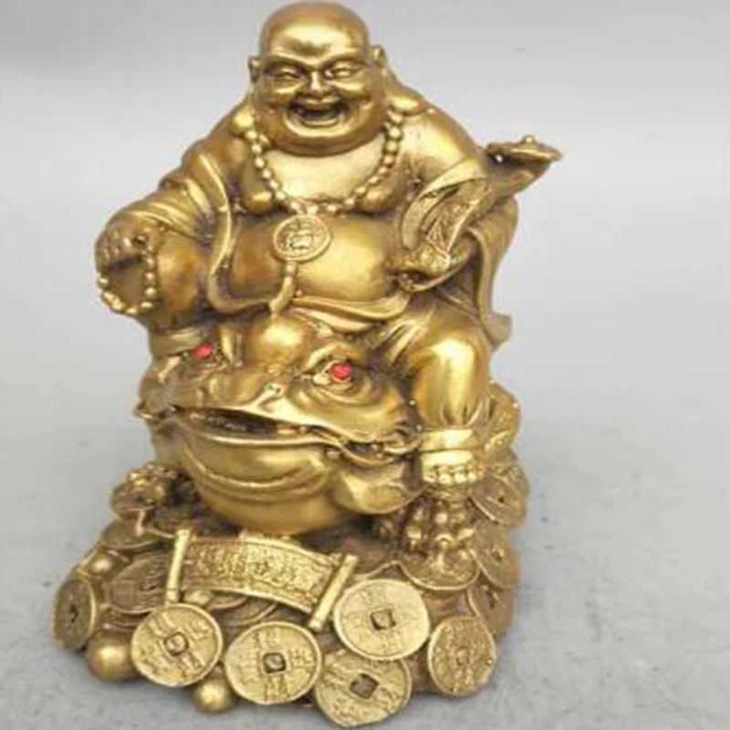 Cina Seiko Carving Ottone Puro Maitreya Buddha Sit Gold Toad Statue