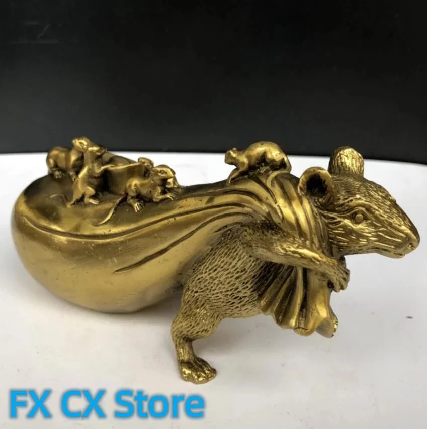Statua Artigianale Da Collezione Seiko Brass Lucky Rat Gold Bag