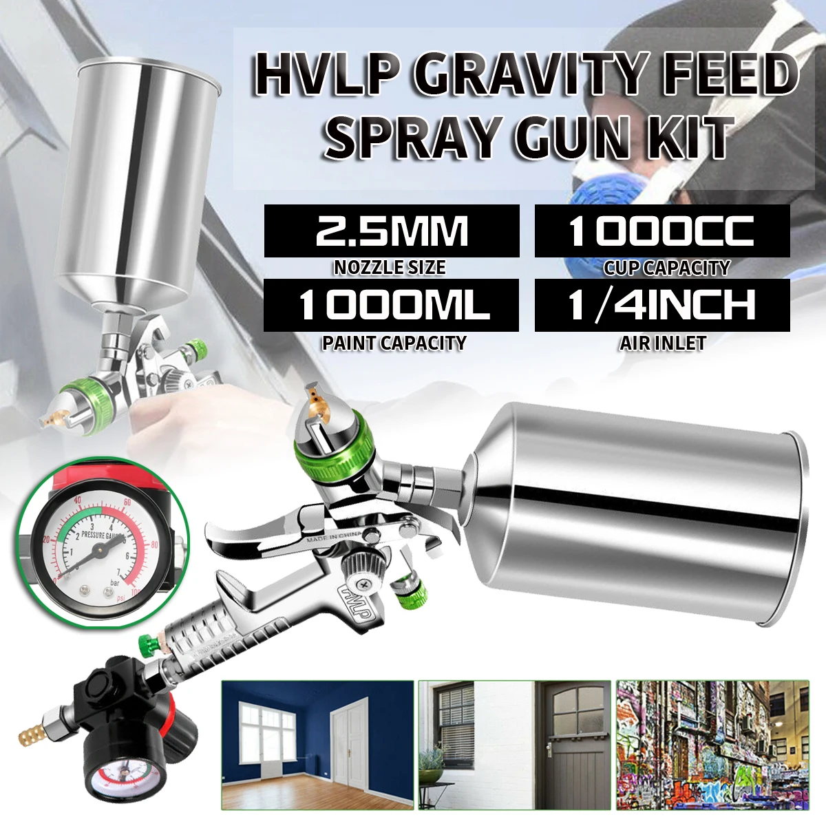 Pistola A Spruzzo Professionale Hvlp Da 2.5Mm Kit Pistola A Spruzzo Con Alimentazione A Gravità Hvlp Con Pistola A Spruzzo Per Vernice Auto In Scaglie