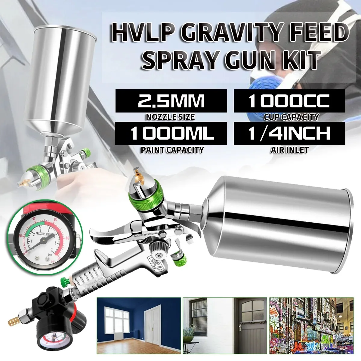 Pistola A Spruzzo Professionale Hvlp Kit Pistola A Spruzzo Per Alimentazione A Gravità Hvlp Con Primer Per Vernice Regolatore Fiocco Di Metallo 1L Kit