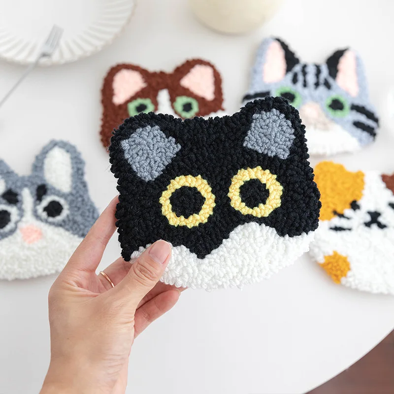Fai Da Te Punch Needle Coaster Starter Kit Cute Cat Cucito Wool Poke Magic Ricamo Ago Kit Filato Per Principianti Home Decor
