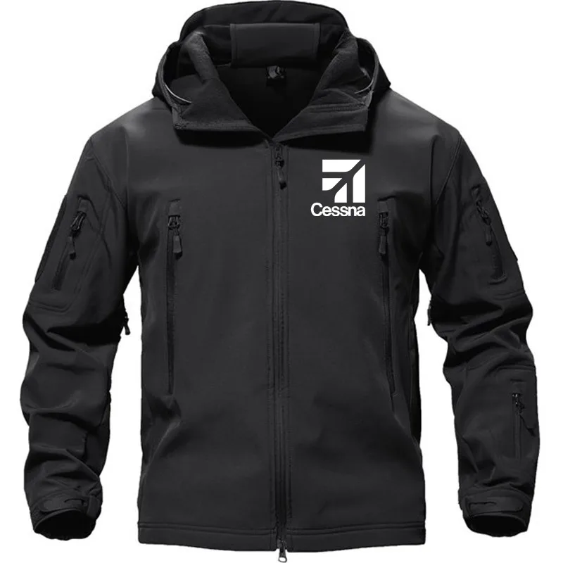 New Warm Pilots Plane Cessna Print Zipper Jackets For Men Military Outdoor Tactical Sharkskin Softshell Giacca Da Uomo Con Cappuccio