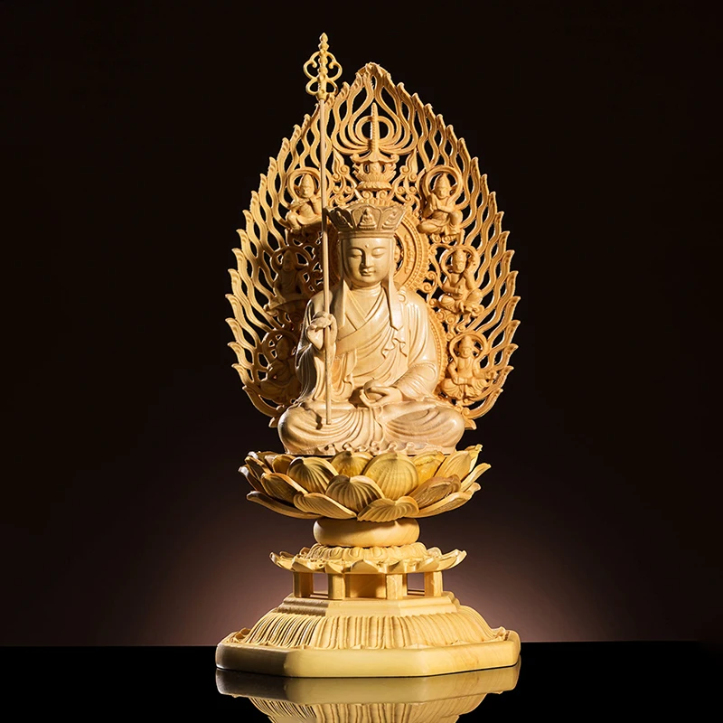 Boxwood 18Cm Ksitigarbha Sculpture Solid Wood Carving Small Buddha Statue Feng Shui Buda Home Decor