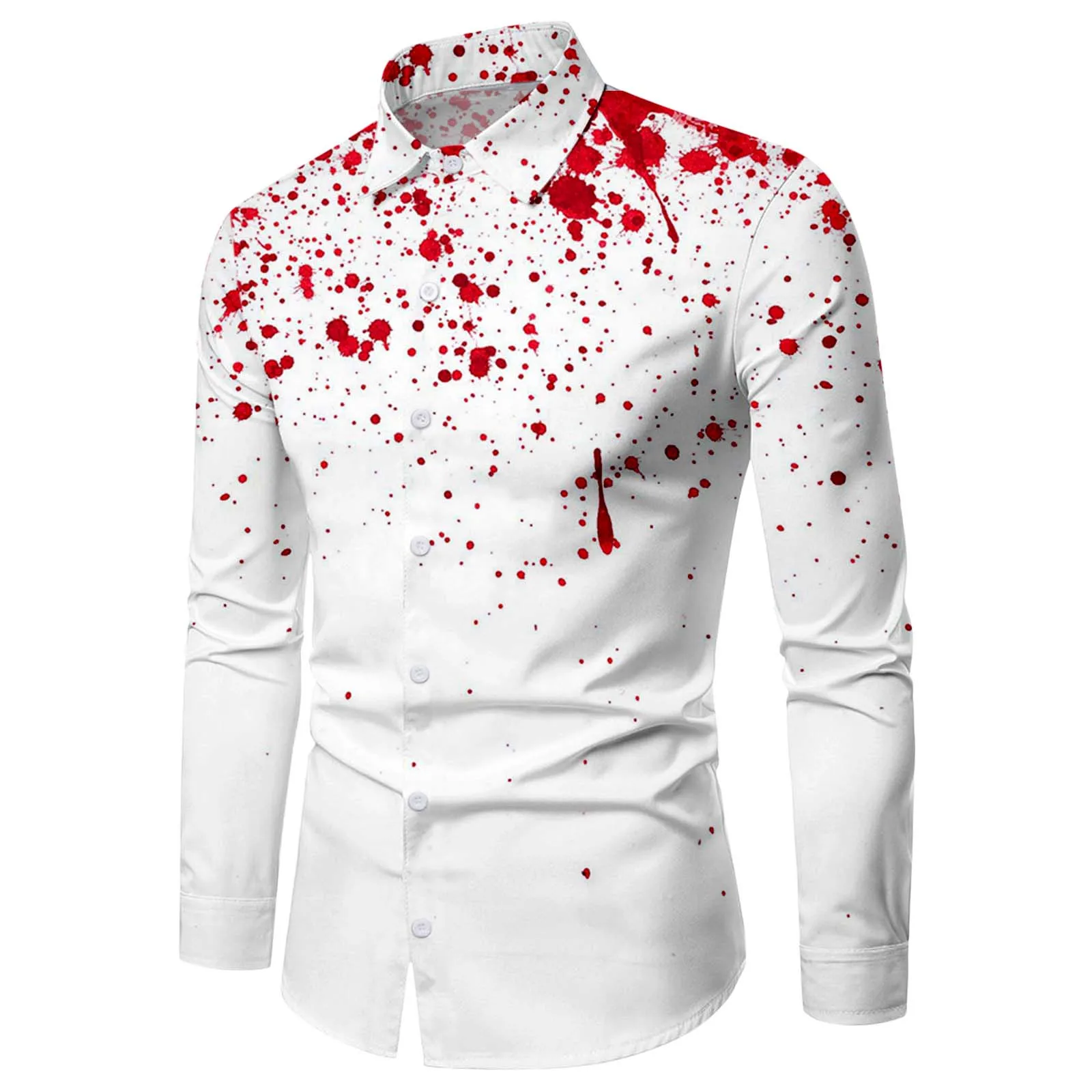 Uomo Halloween Bloodstain Camicia Stampata Manica Lunga Colletto Rovesciato Overshirt Costume Fashion Party Monopetto Undies Top