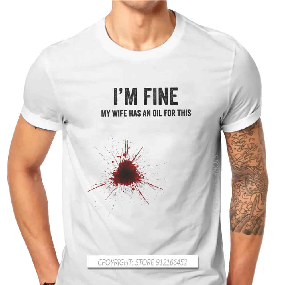 Bloodmacchie Spoof Scherzo Gunshot Ferite Maglietta Da Uomo Sto Bene Mia Moglie Ha Un Olio Per Questa Maglietta Di Base Felpe