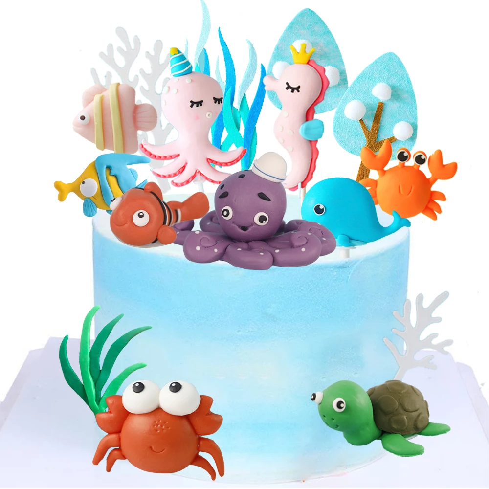 Under The Sea Cake Decoration Ocean Animal Cake Topper Fish Cavalluccio Marino Polpo Granchio Toppers Baby Shower Ocean Theme Party Supplies