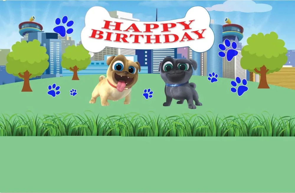 7 X5Ft Green Garden Happy Birthday Puppy Dog Pals Custom Photo Background Studio Sfondo Vinile 220Cm X 150Cm
