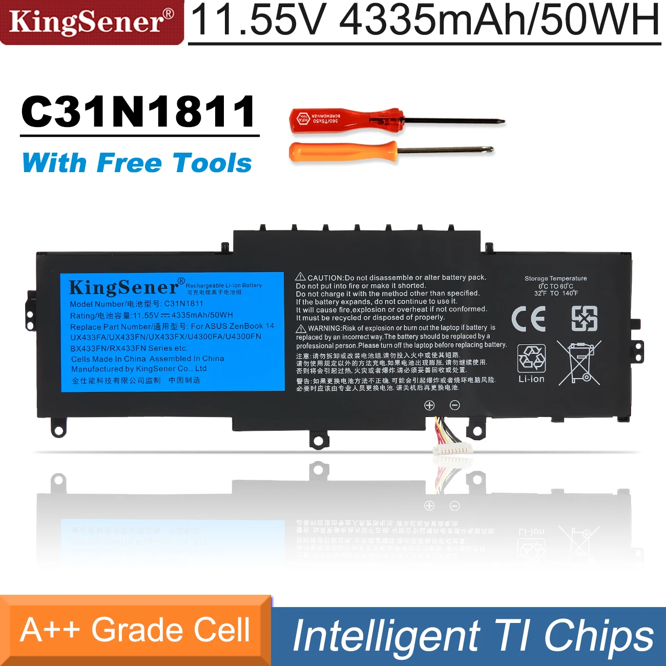 Batteria Per Laptop Kingsener C31N1811 Per Asus Bx433Fn Ux433Fn-2S Per Zenbook 14 Ux433F Ux433Fa-A5046R Muslimah 4335Mah