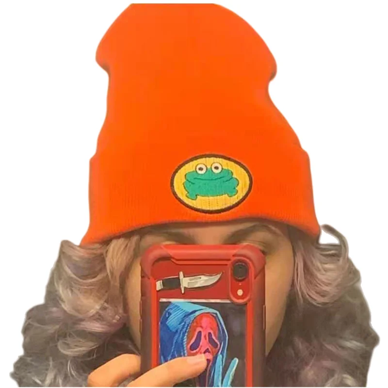 Cartoon Frog Wool Cap Parappa The Rapper Beanie Winter Hat Frog Knitted Hat Pullover Da Ciclismo Per Adulti Warm Outdoor Student Cap