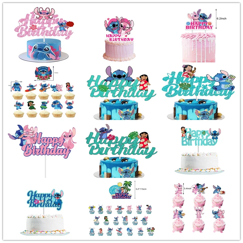 24Pcs Lilo & Stitch Theme Glitter Cake Topper Kids Boy Girl Birthday Cake Decoration Supplies Baby Shower Cupcake Dessert Decor