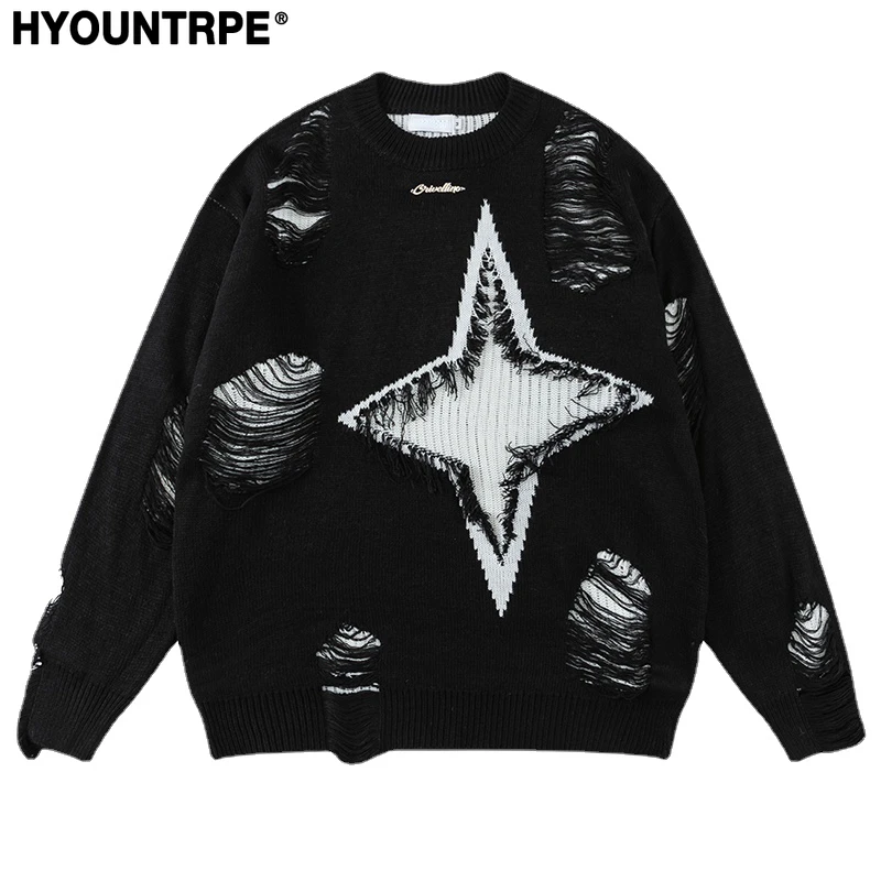 Hip Hop Distrutto Fori Strappati Maglione Lavorato A Maglia Mens Casual Patchwork Y2K Star Pullover Maglione Unisex Harajuku Streetwear Jumper