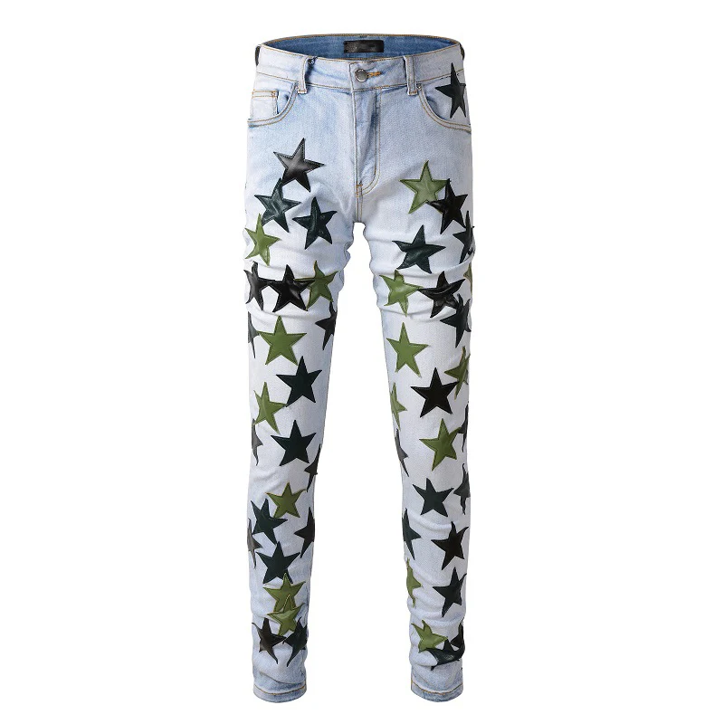 Mens Slim Fit Streewear Fashion Light Indigo Distressed Skinny Stretch Ricamato In Pelle Stelle Patchwork Jeans Strappati