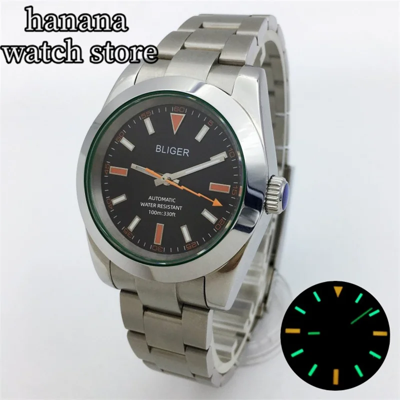 Bliger 39Mm Milgauss Orologio Da Uomo Lucido Vetro Zaffiro Verde Quadrante Nero Lightning Hand Nh35 Movimento Oyster Jubilee Bracciale