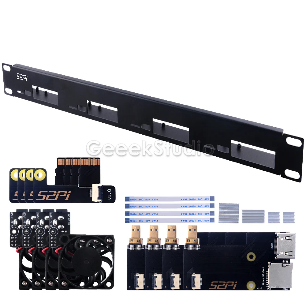 Kit Staffa In Acciaio Rack 1U Per Cluster Raspberry Pi 4B Dissipatori Di Calore A 4 Slot Da 19 Pollici Scheda Tf A Scheda Fpc Cavo Ventola Di Raffredd