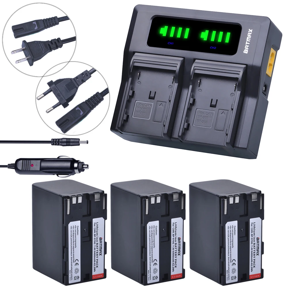 Batmax 3Pcs Bp-970G Bp-975 Batteria + Led Caricabatterie Rapido Doppio Per Canon Xlh1 Xhg1 Xha1 Xl2 Xm2 Xh G1S Xf305