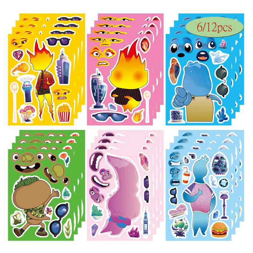 6/12 Fogli Disney Element Puzzle Stickers Game Make A Face Bambini Assemblare Jigsaw Divertente Decorazione Fai Da Te Giocattoli Educativi Per Bambini