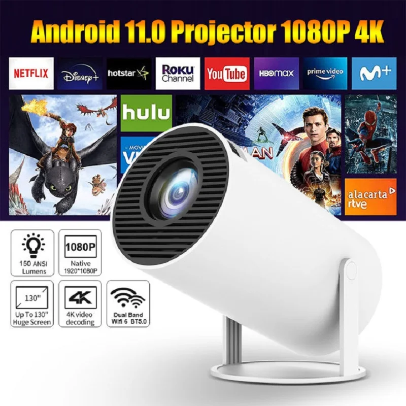 4K Hy300 Smart Projector Android 11.0 Mini Portable 5G Wifi Home Cinema 720P Per Samsung Apple Outdoor 1080P 4K Movie Hdmi