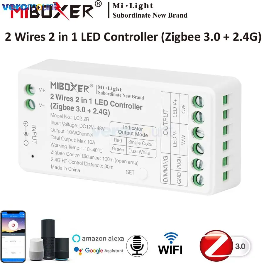 Miboxer Zigbee 3.0 + 2.4G 2 Fili Cob Colour Temperature Strip Controller Tuya 2.4G Single Color Dual White Led Strip Controller