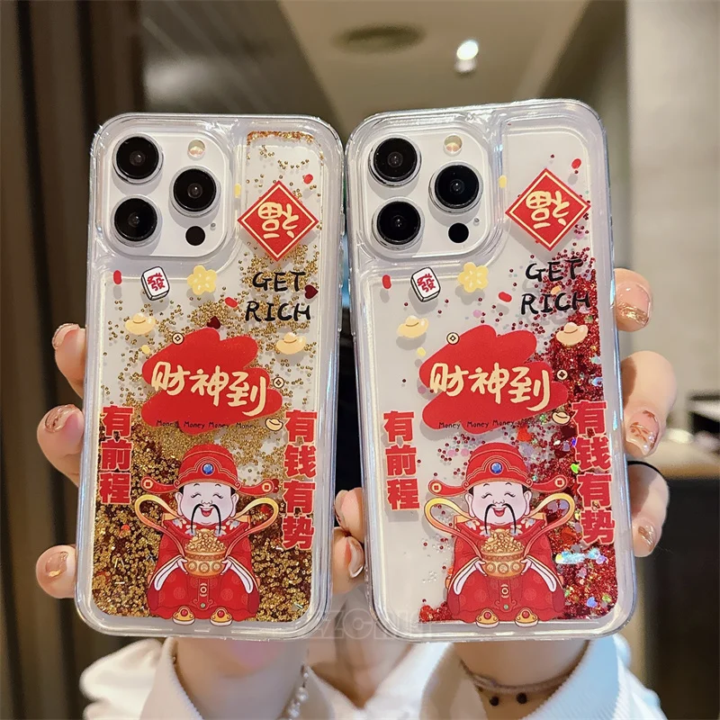 Ottieni Rich God Of Wealth Per Iphone 14 Pro Max 11 12 13 15 Plus Custodia 2024 Chinese New Year Liquid Quicksand Glitter Shiny Cover