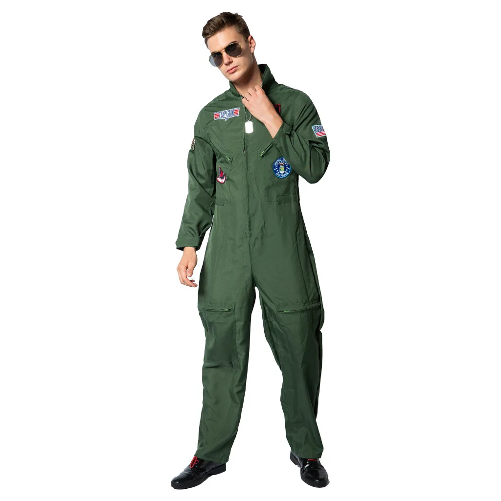 Costume Da Uomo Top Gun Flight Suit Costume Uniforme Dell'Aeronautica Adulto Verde Militare Militare Fighter Pilot Tuta Costume Cosplay Di Halloween