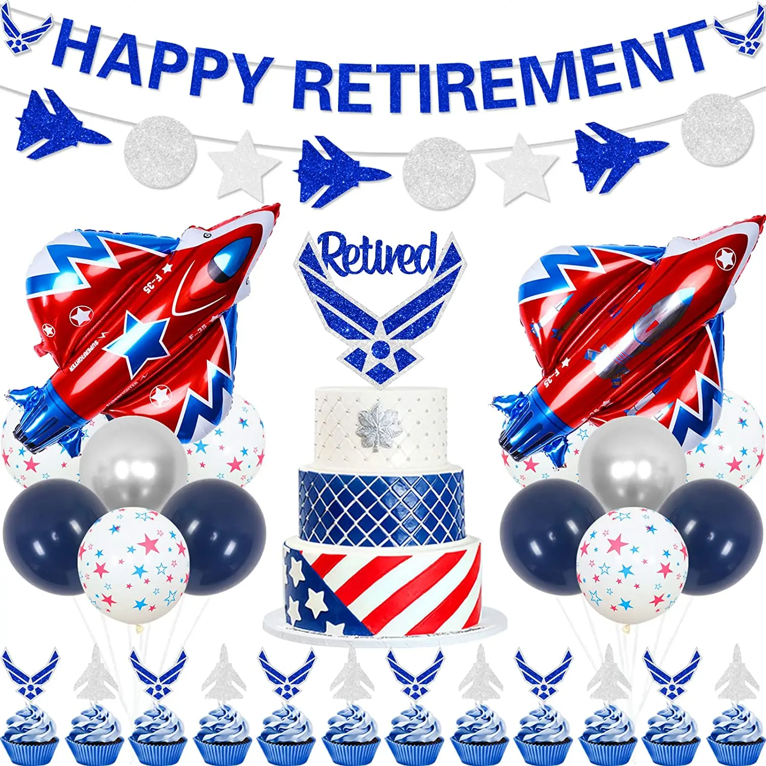 Decorazioni Per Feste Di Pensionamento Dell'Aeronautica Per Uomo Palloncino Patriottico Dell'Aeronautica Felice Banner Di Pensionamento Aereo Topper P