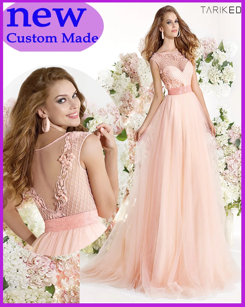 2019 Tarik Ediz Rosa Azul Feitos Gossamer Ver Atravs Vestidos De Baile A- Linha Chiffon Com Flores Artesanais Abiti Da Ballo