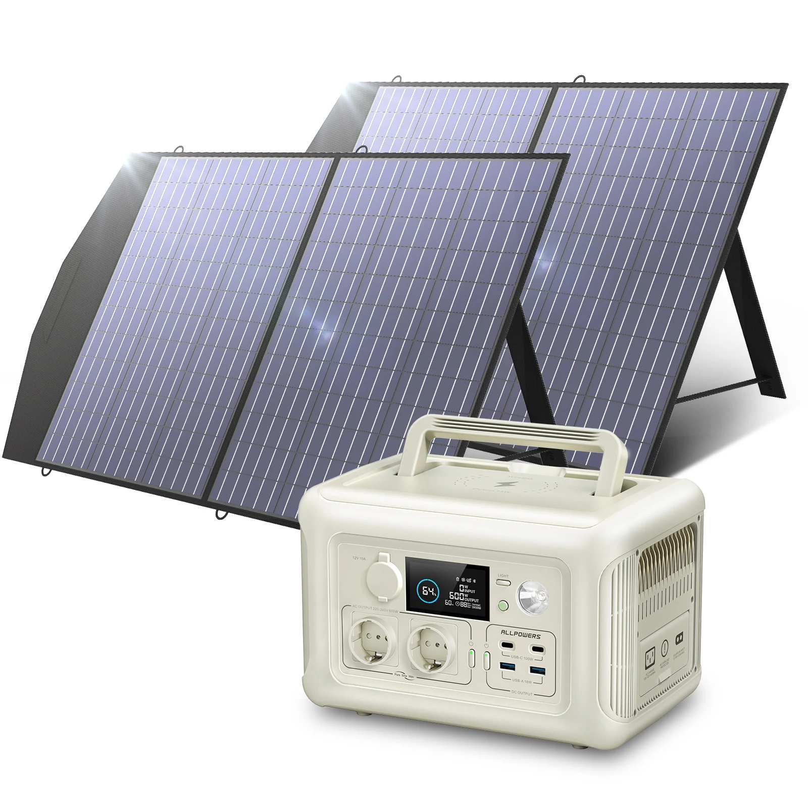 Allpowers Solargenerator R600, Centrale Solare Da 600W Con Presa Ca Da 2X600W, Ingresso Ca Da 400W, Funzione Ups E Pannello Solare Da 18V