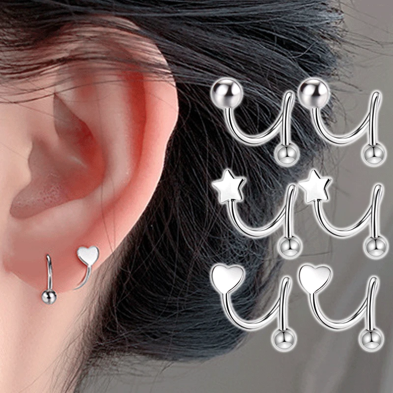 2Pcs Cute Ear Studs Spirale Twisted Lip Tongue Piercing Inossidabile Heart Star Ear Helix Body Piercing Stud Orecchino Gioielli Regali