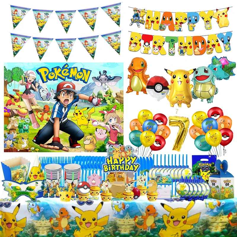 Pikachu Decorazioni Per Feste Di Compleanno Pokemon Foil Balloon Stoviglie Usa E Getta Banner Sfondo Tovaglia Kid Boy Party Supplies