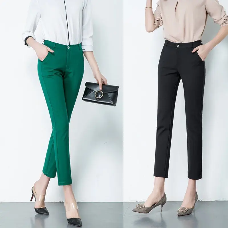 Womens 2023 New S-4Xl Big Size Formal Office Pencil Pants Elegant Ladies Ol Work Pantalones Casual Elastic Cotton Slim Pants