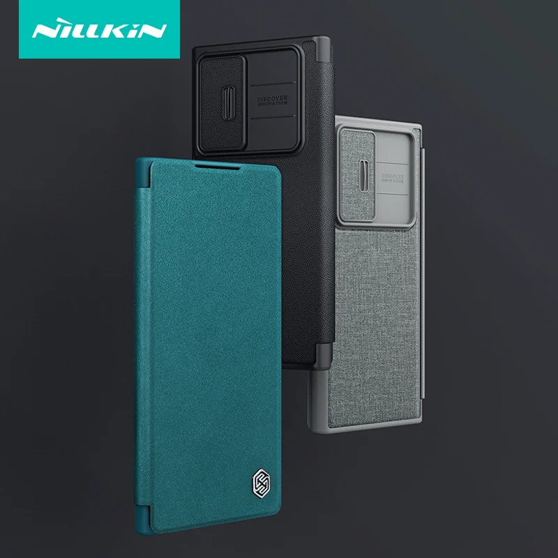 Per Samsung Galaxy S23 Ultra Case Nillkin Qin Pro Plain Leather + Tessuto Cloth Slide Camera Book Cover Con Slot Per Schede Per S23