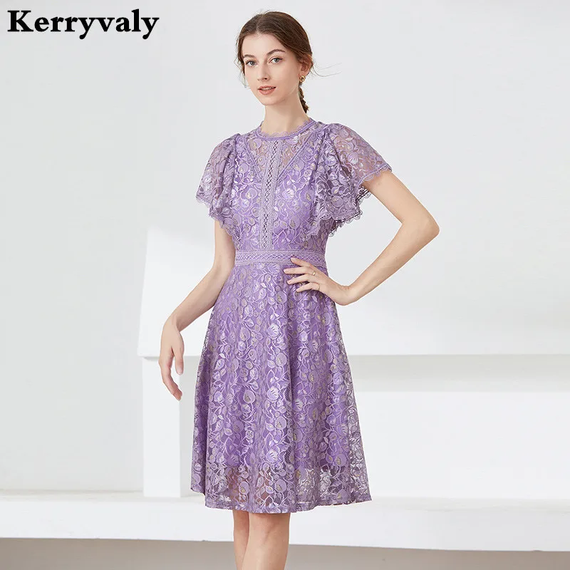 Summer Medium Length A-Line Purple Lace Vintage Dress Vestito Donna Estate 2022 Taglie Forti Midi Women Dress Платье Плисе K6577