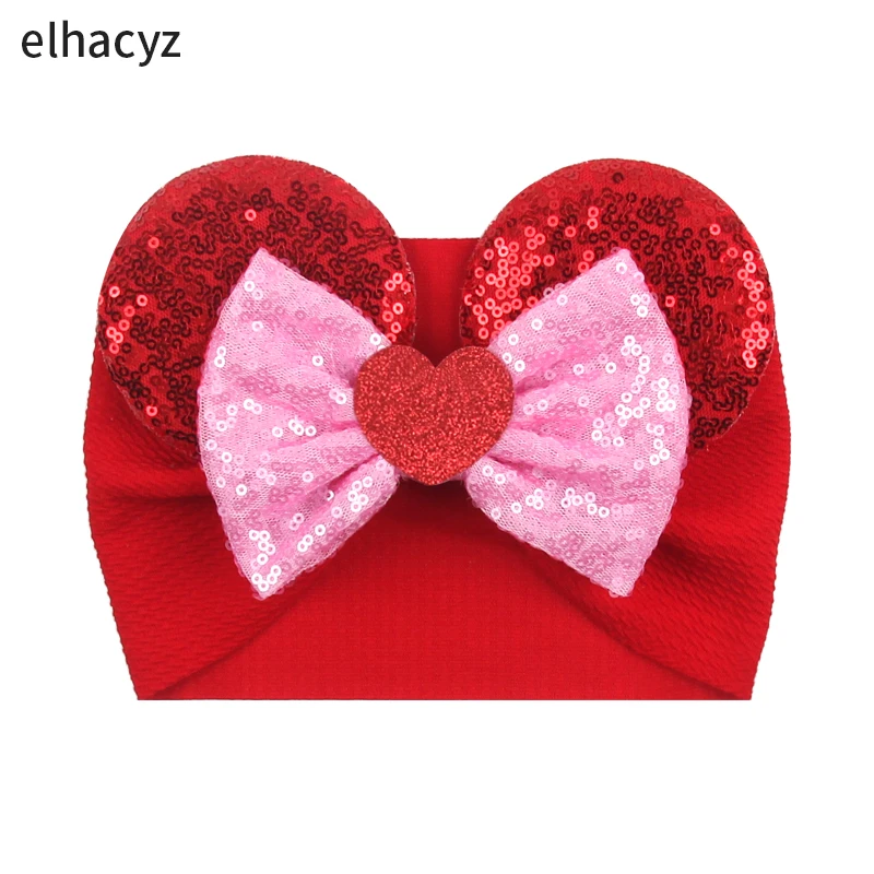 San Valentino Glitter Paillettes Bow Mouse Ears Waffle Headband Love Heart Hair Band Baby Festival Copricapo Accessori Per Capelli Per Ragazze