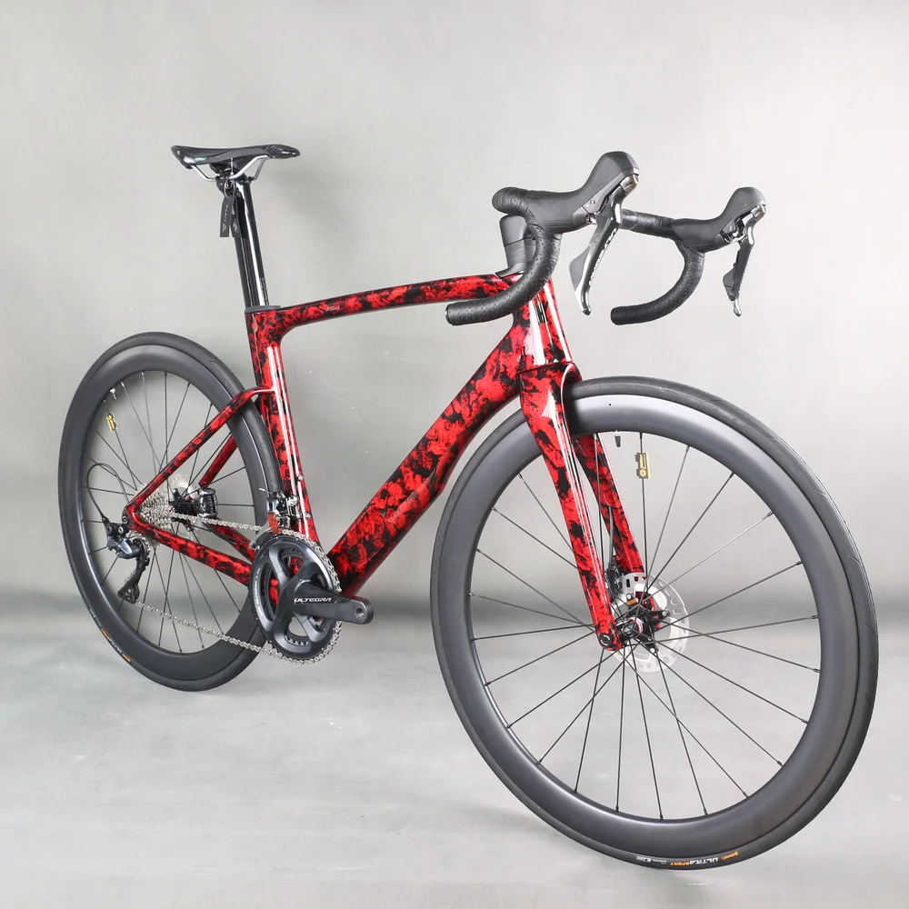 Full Hidden Cable Disc Brake Road Bici Completa Tt-X36 Ultegra R8020 Gruppo Idraulico Ruote In Carbonio Ondulazione Dell'Acqua Rossa