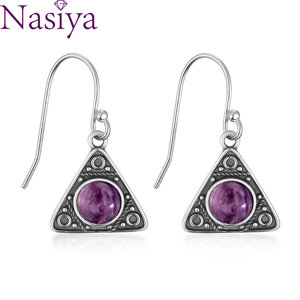Orecchini Pendenti In Argento 6Mm Con Orecchini Rotondi In Charoite Per Regalo Orecchini Pendenti A Triangolo Vintage Da Donna