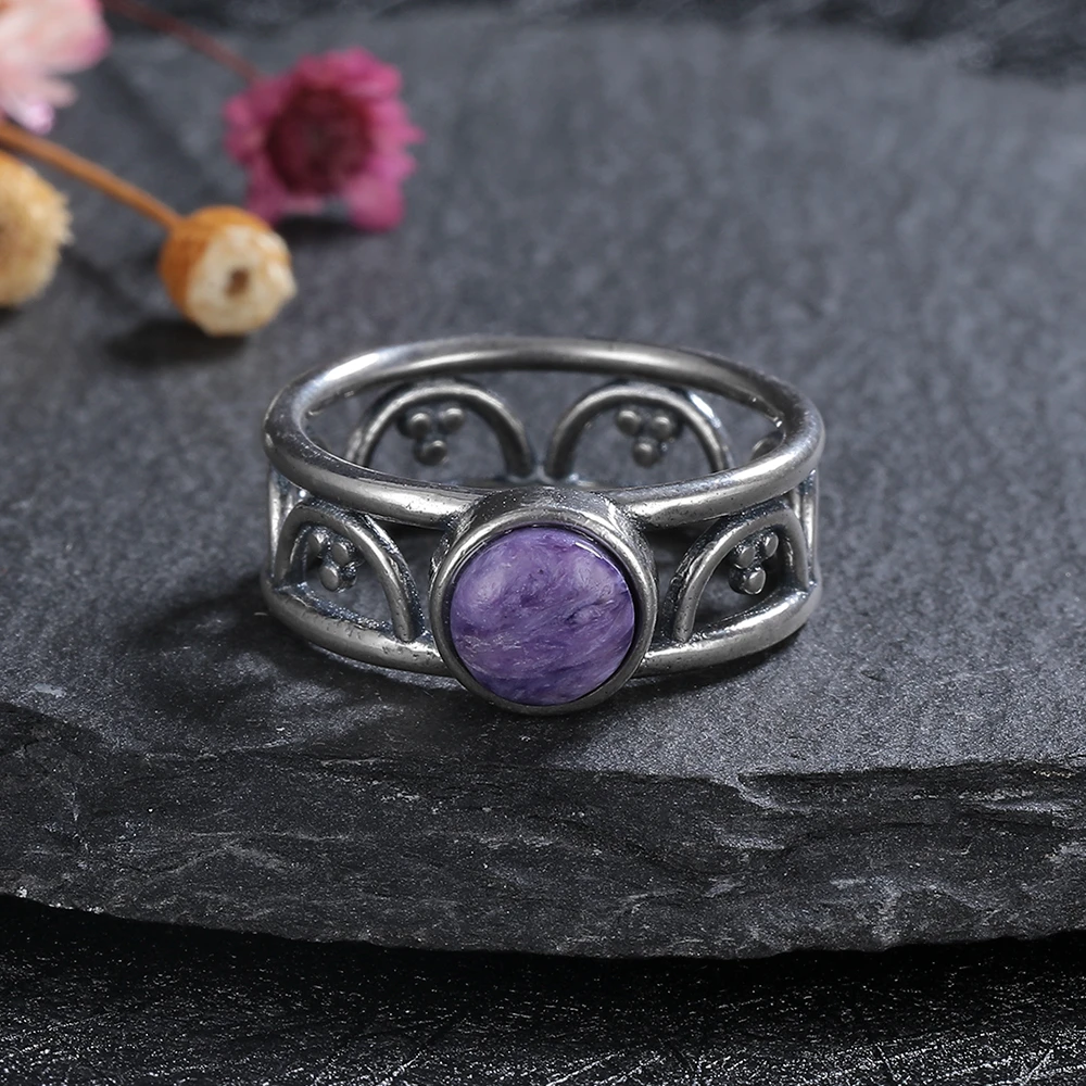 Anello Di Gioielli In Argento Sterling 925 Charoite Moonstone Anello Vintage Per Regali Di Pietre Preziose Rotonde Da Donna