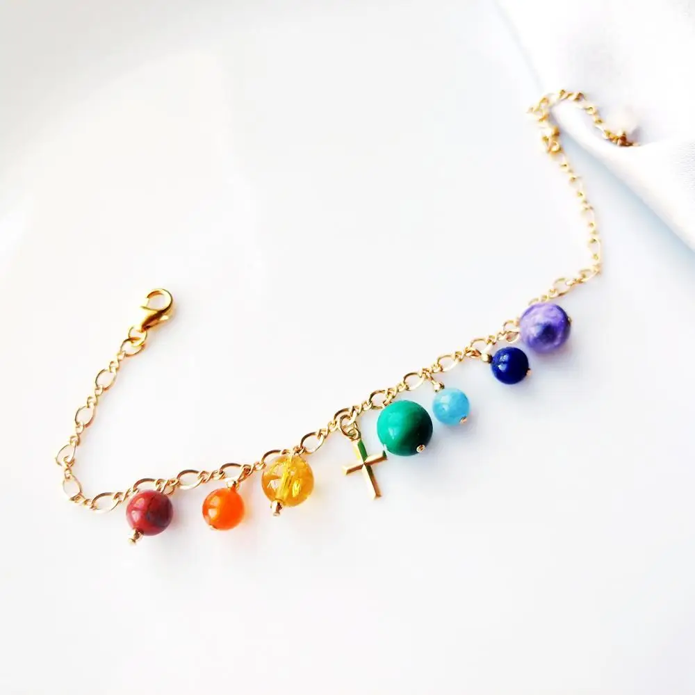 Lii Ji 7 Chakra Healing Natural Stone Power Bracelet Aquamarine Citrne Charoite Cross Charm Us 14K Gf Bracciale A Catena Fredda