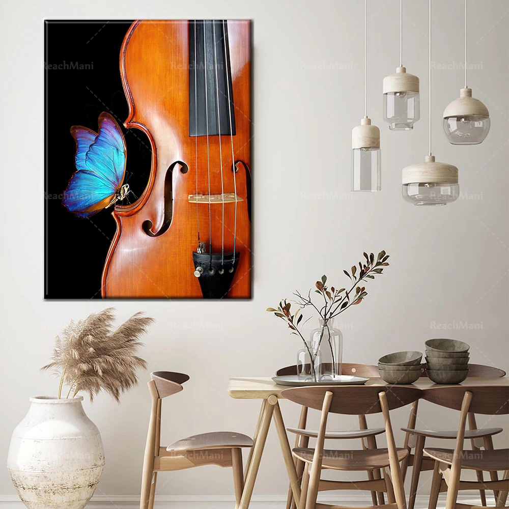 Papillon Bleu Et Violon, Mur D'Art De Violon, Toile De Violon, Mur D'Art De Papillon, Mur D'Art Animalier, Instrument De Musique