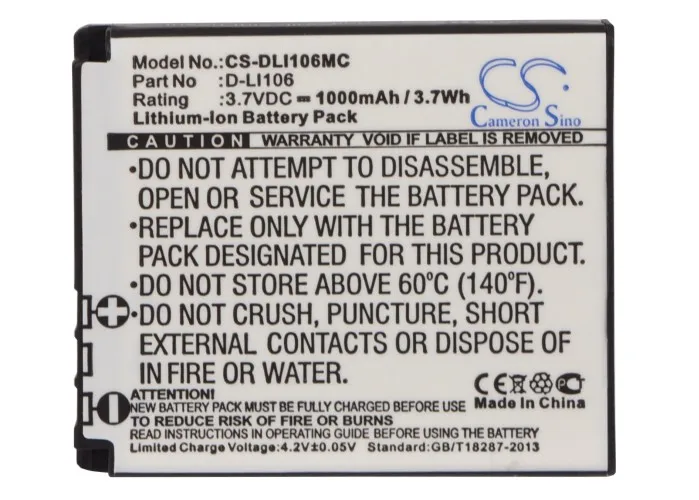 Fotocamera 1000Mah Batteria Per Kodak Lb-080 Nca-K/102 Pentax D-Li106 Playsport Zx5 Pixpro Sp1 Pixpro Sp1 Hd Sp1-Yl3