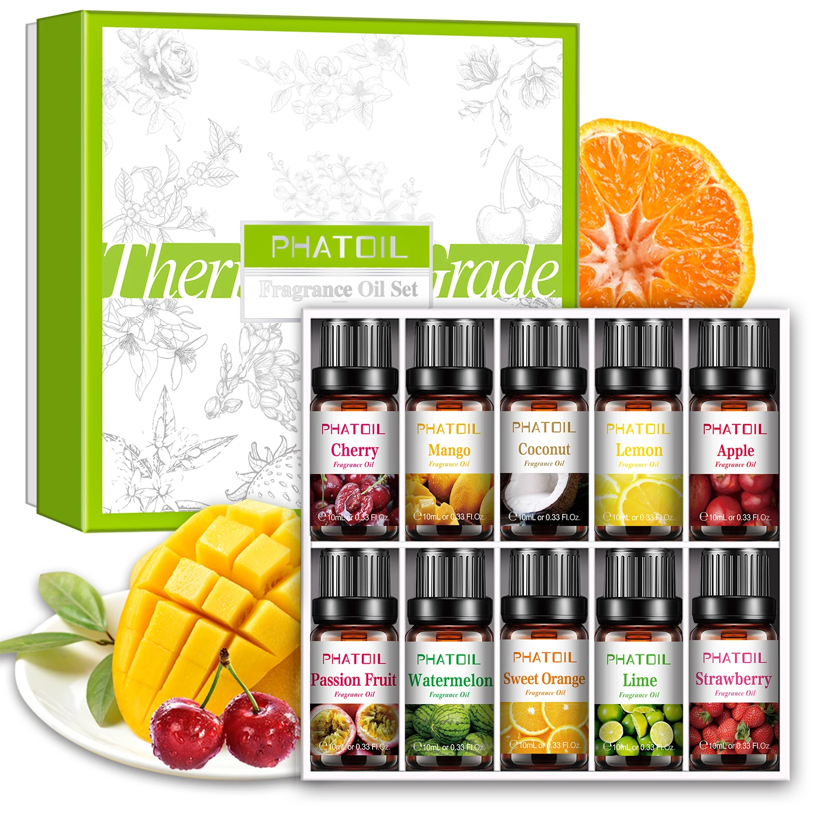 Phatoil Confezione Regalo Da 10 Pezzi Set Di Oli Essenziali 10Ml Oli Essenziali Puri Oli Profumati Fruttati Mela Ciliegia Cocco Mango Limone Arancia