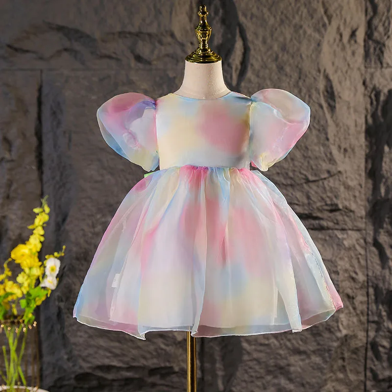Baby Dress 2022 Summer New Girls Dress Chiffon Rainbow Bubble Sleeve Baby Princess Dress Per Abbigliamento Per Bambini Tempo Libero