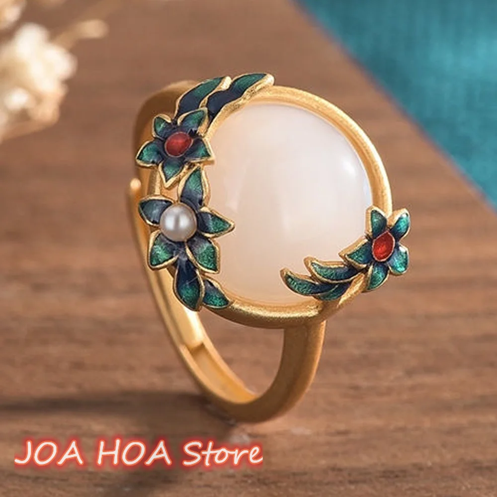 Natural Hetian-Jade Suet White Gold Silk Jade Anello Di Perle In Stile Nazionale Intarsiato-Anello Di Giada Regolabile Anello Di Riferimento Gioieller