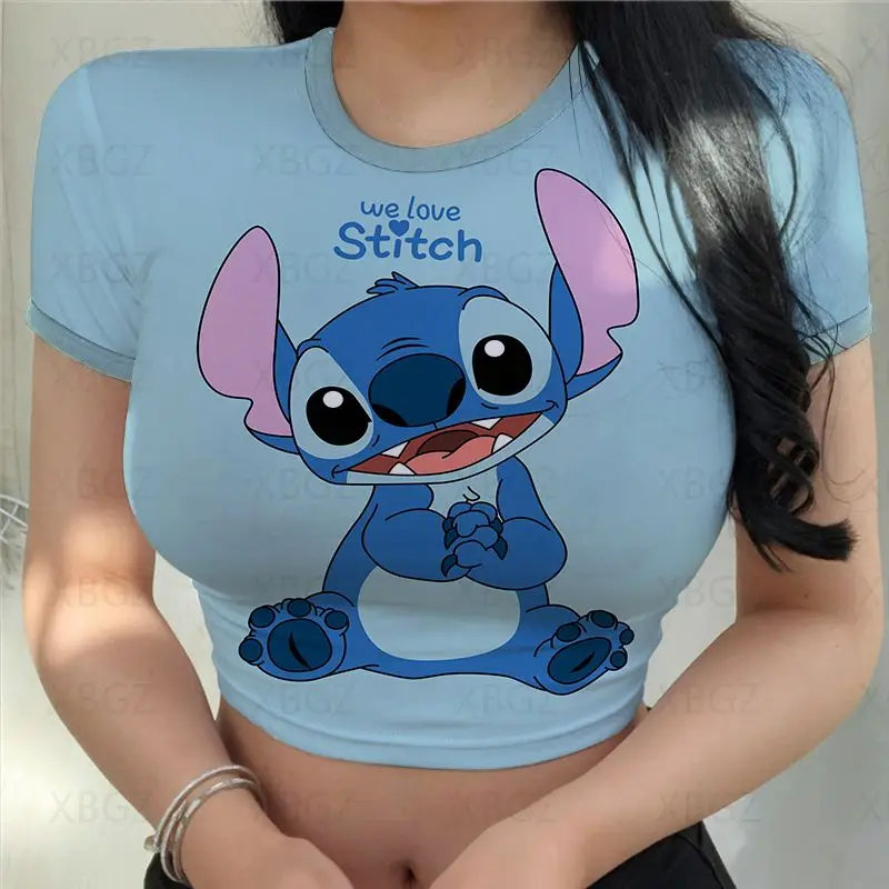 T-Shirt Oversize Con Stampa 3D Casual Top Abbigliamento Donna Disney Slim Fit Cartoon Fashion Tight Crop Top Sexy Stitch Y2K Women Fit