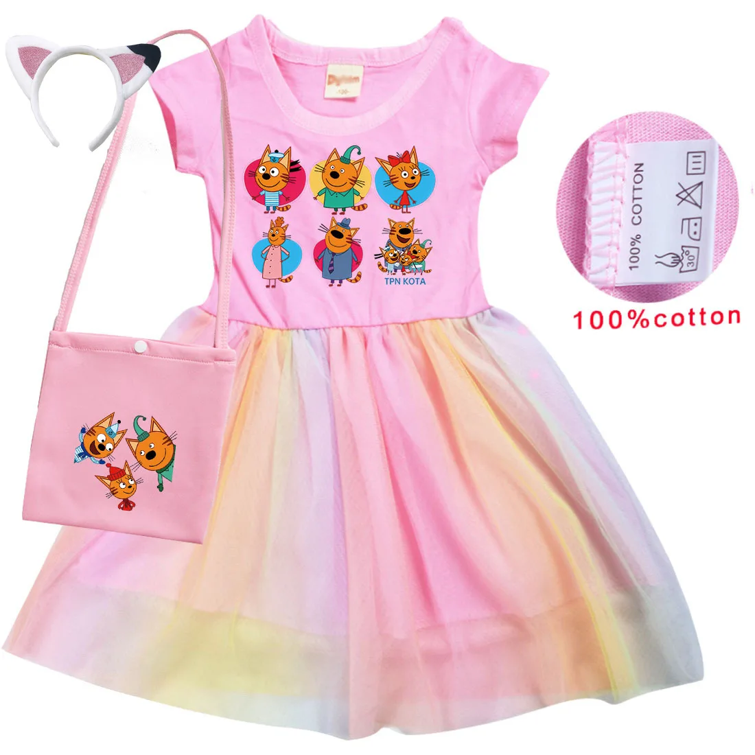 Kid-E-Cats Dress Russian Cartoon Three Happy Cats Tpnkota Costume Kids Anime Little Kittens Clothes Girls Summer Casual Dresses