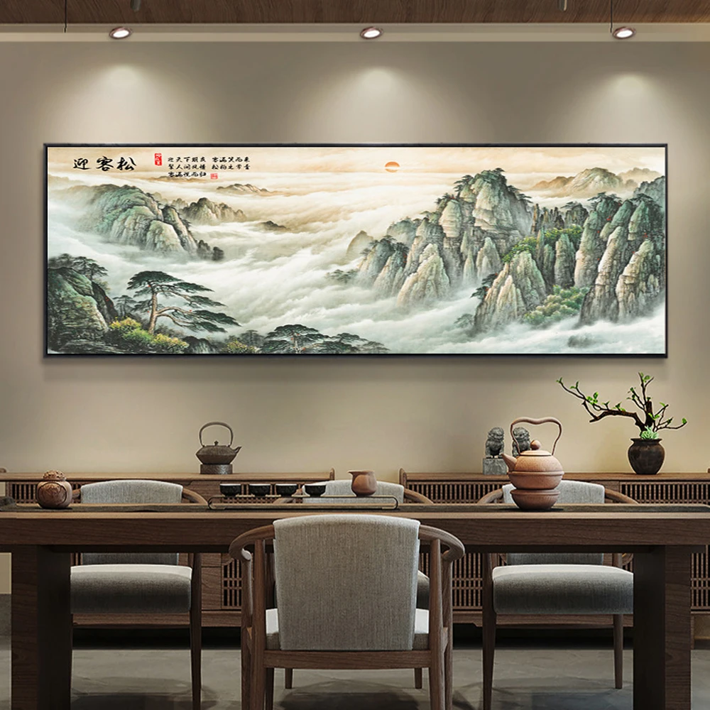 Cinese Rising Sun Waterfall Office Canvas Painting Decor Landscape Ink Painting Soggiorno Wall Art Poster Pictures Cuadros
