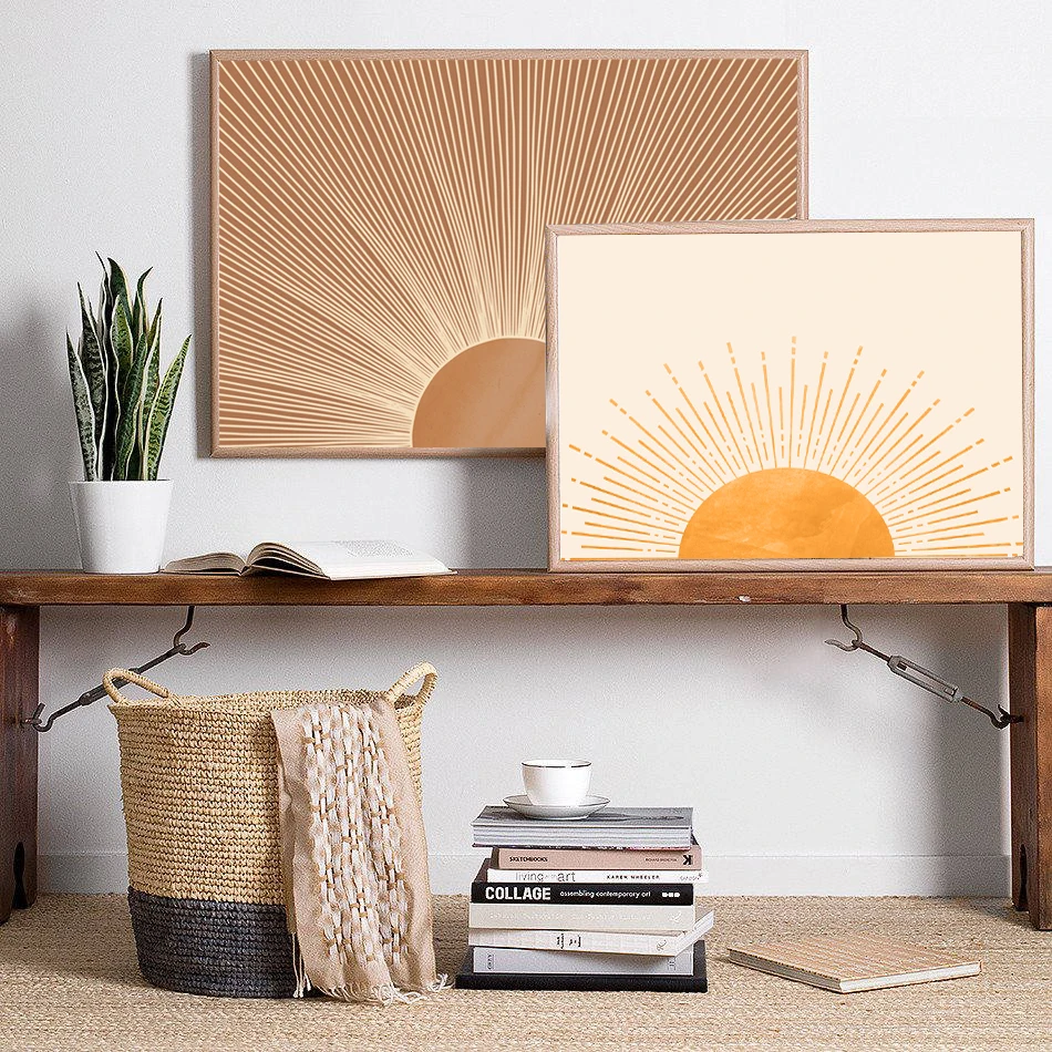 Abstract Burnt Orange Rising Sun Art Stampe Boho Immagini Murali Orizzontali Sunrise Painting Nordic Canvas Painting Poster Camera Da Letto