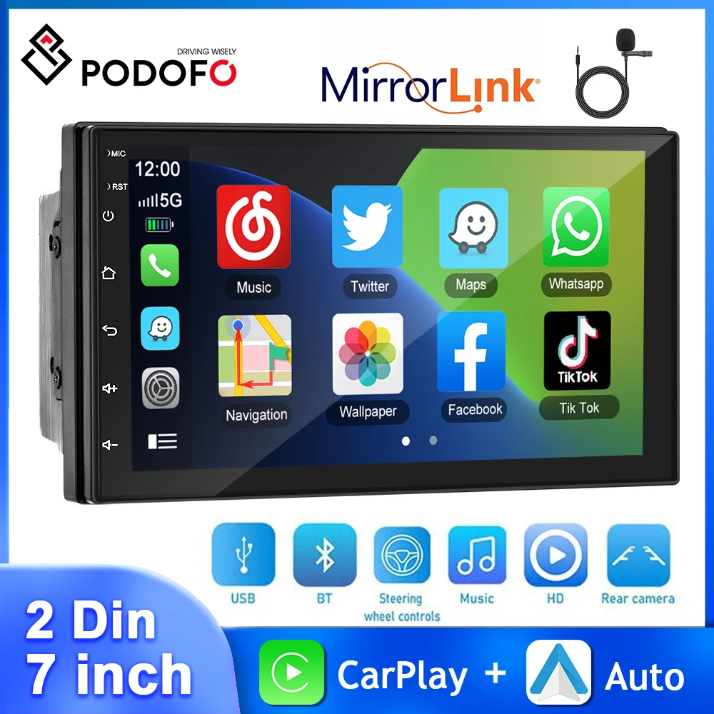 Podofo 2 Din Car Stereo Radio 7 ''Touch Screen D-Play Car Multimedia Player Carplay Android Auto Bluetooth Ricevitore Radio Fm