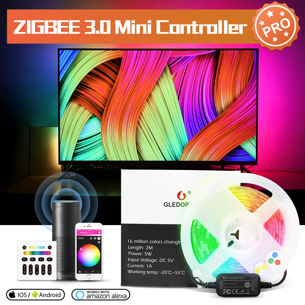 Gledopto Zigbe3.0 Smart Tv Strip Controller Pro Kit Mini 5V Usb Rgbcct Funziona Con Echo Plus Smartthings Tuya App/Voce/Telecomando