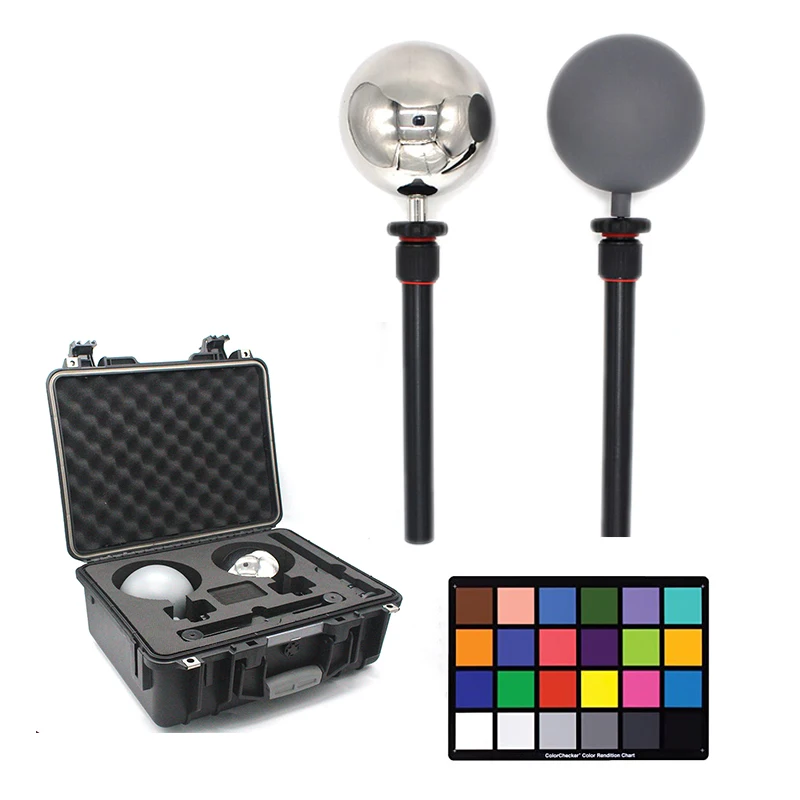 Set Di Oggetti Di Scena Fotografici 6.3Cm 12.6Cm 20Cm 25Cm Hdri Vfx Ball Sfere Grigie Cromate Con Colorchecker