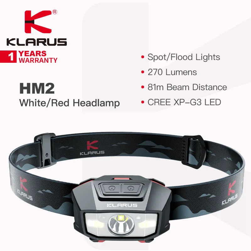 Lampada Frontale Leggera Klarus Hm2 Con Sensore Gestuale, Sorgente A Doppia Luce Bianca/Rossa, Spot/Luce Di Inondazione Da 270 Lumen, Abbigliamento Co